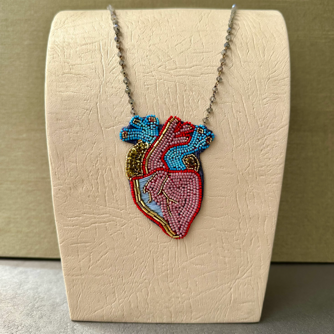 Chica Perica Costa Rican Design Handcrafted Embroidered Anatomical Heart Long Necklace & 27"- inch Labradorite Single- Strand Chain