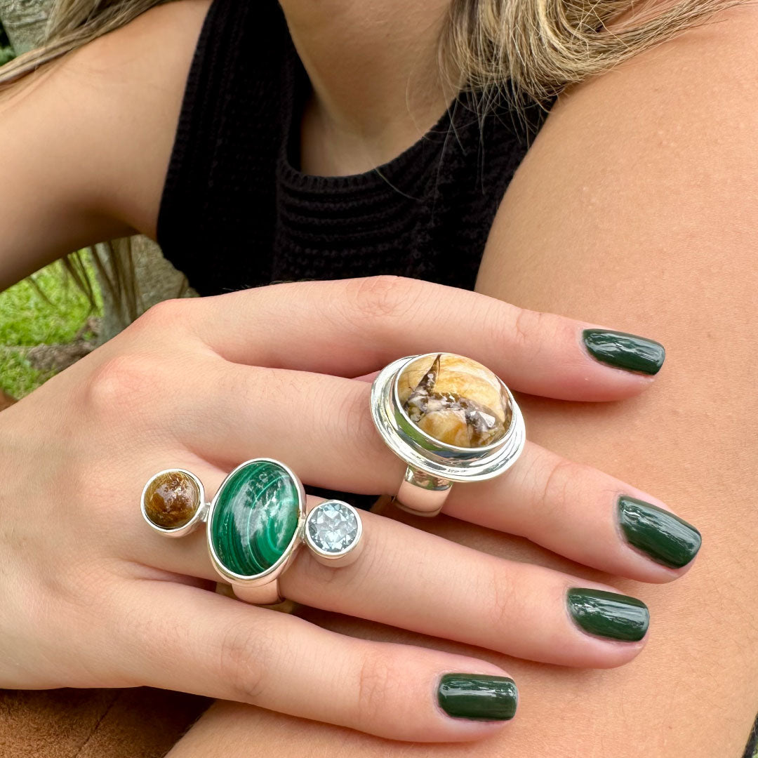 Agot Costa Rican Design Handcrafted Sterling Silver 925 & Malachite / Blue Topaz Semiprecious Stone Ring Size 7