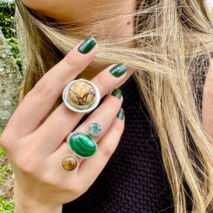 Agot Costa Rican Design Handcrafted Sterling Silver 925 & Round Yellowish Peanutwood Jasper Ring Size 6.75