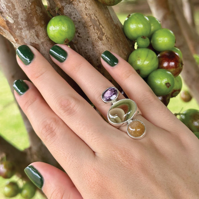 Agot Costa Rican Design Handcrafted Sterling Silver 925 & Triple Semiprecious Stone Ring Size 7