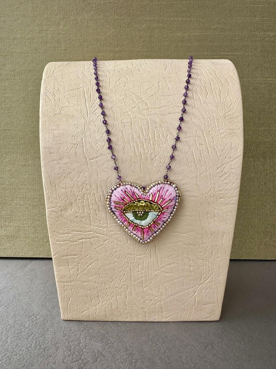 Chica Perica Costa Rican Design Handcrafted Embroidered Heart- Shaped Pink Long Necklace & 28"- inch Amethyst Single- Strand Chain