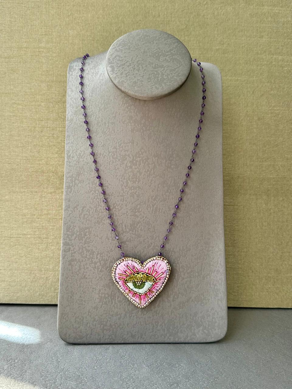 Chica Perica Costa Rican Design Handcrafted Embroidered Heart- Shaped Pink Long Necklace & 28"- inch Amethyst Single- Strand Chain