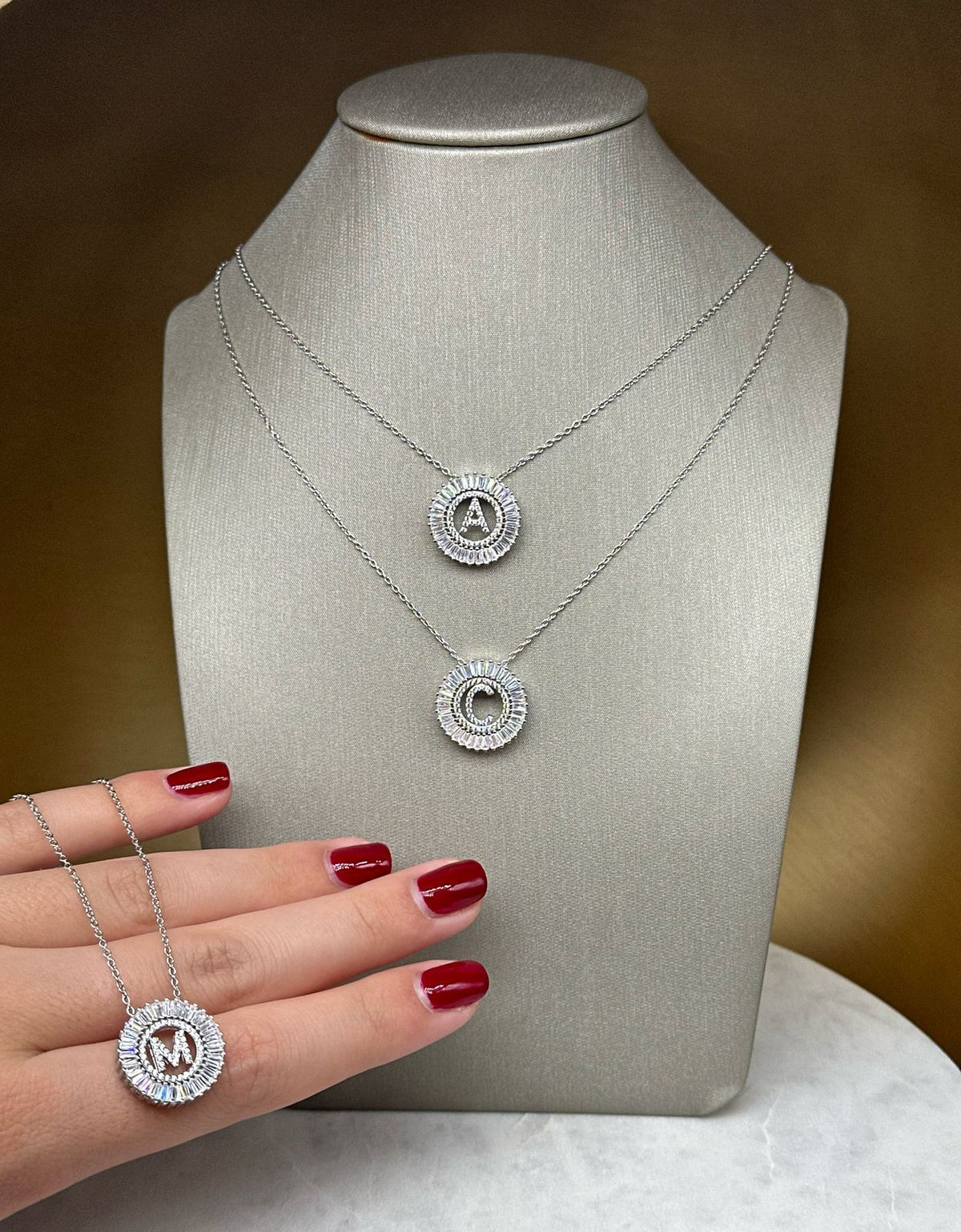 Crystal Baguettes & 925 Sterling Silver Adjustable Initial Chain 16"- 18 inches