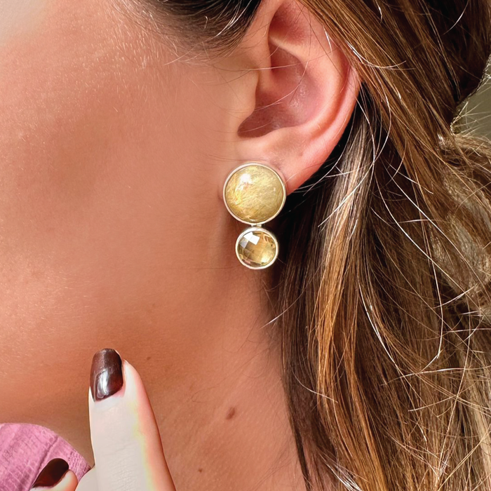 Agot Costa Rican Design Handcrafted Sterling Silver 925 & Round Rutilated Quartz Cabs & Smoky Quartz Post Earrings