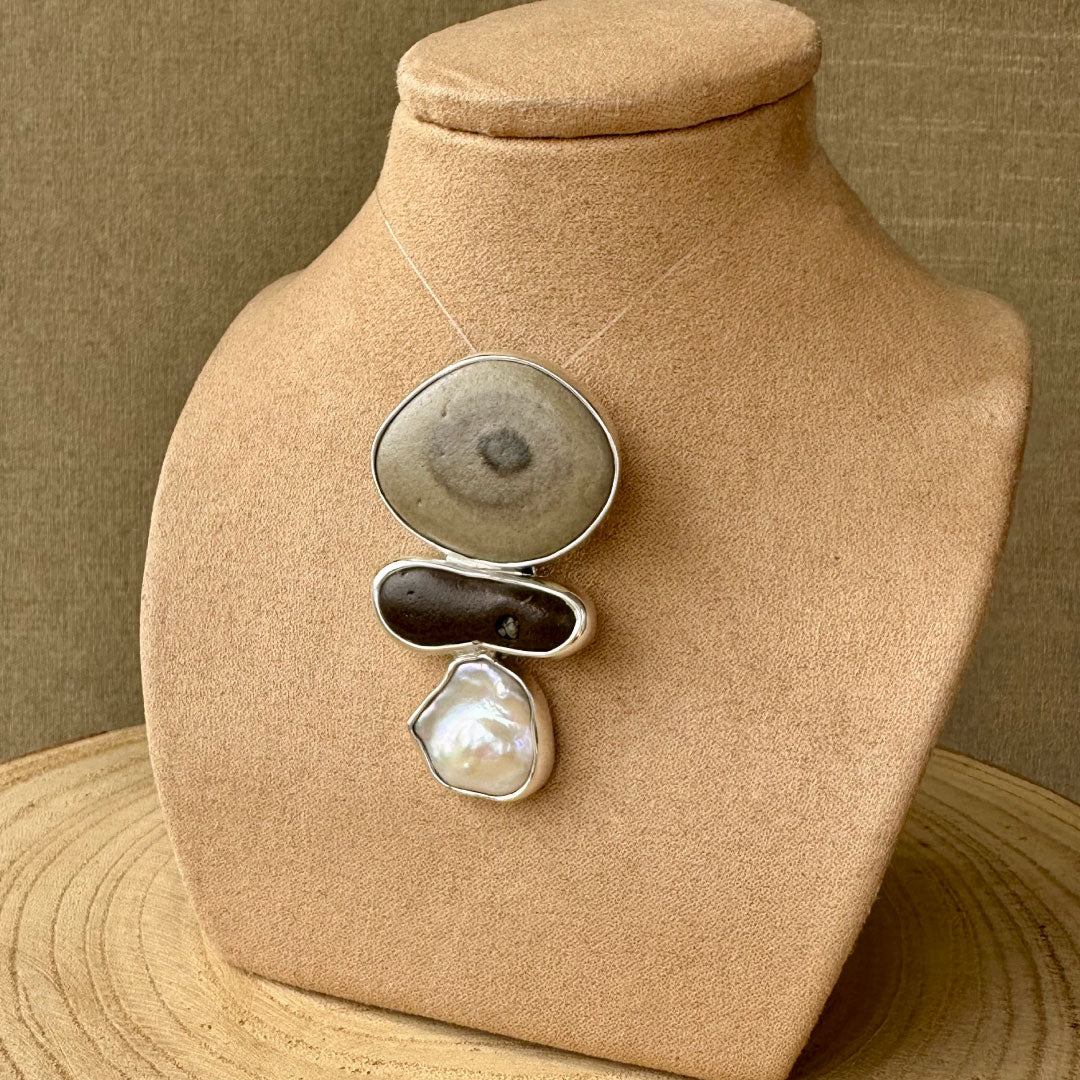 Agot Costa Rican Design Handcrafted Sterling Silver 925 & Brown & Gray River Rock & Baroque Pearl Pendant