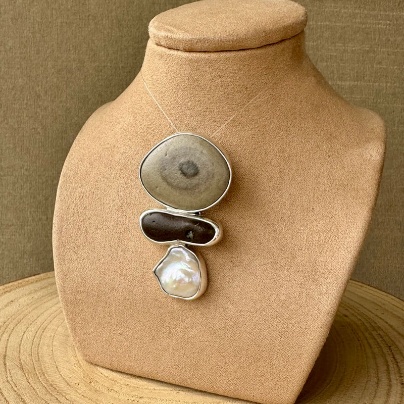 Agot Costa Rican Design Handcrafted Sterling Silver 925 & Brown & Gray River Rock & Baroque Pearl Pendant