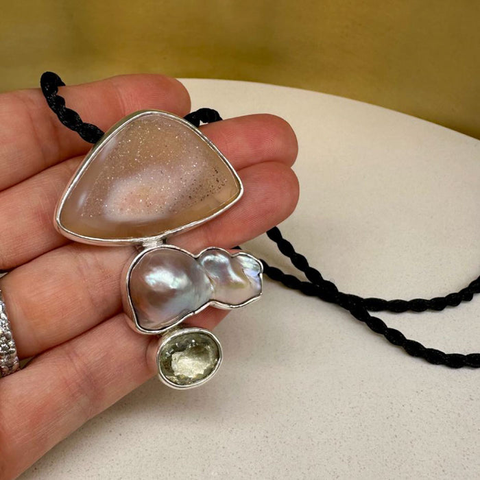 Agot Costa Rican Design Handcrafted Sterling Silver 925 & Light Pink Brazilian Druzy, Freeform Baroque Pearl and Topaz Pendant