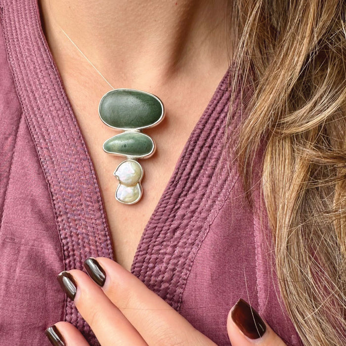 Agot Costa Rican Design Handcrafted Sterling Silver 925 & Green River Rock & Baroque Pearl Pendant