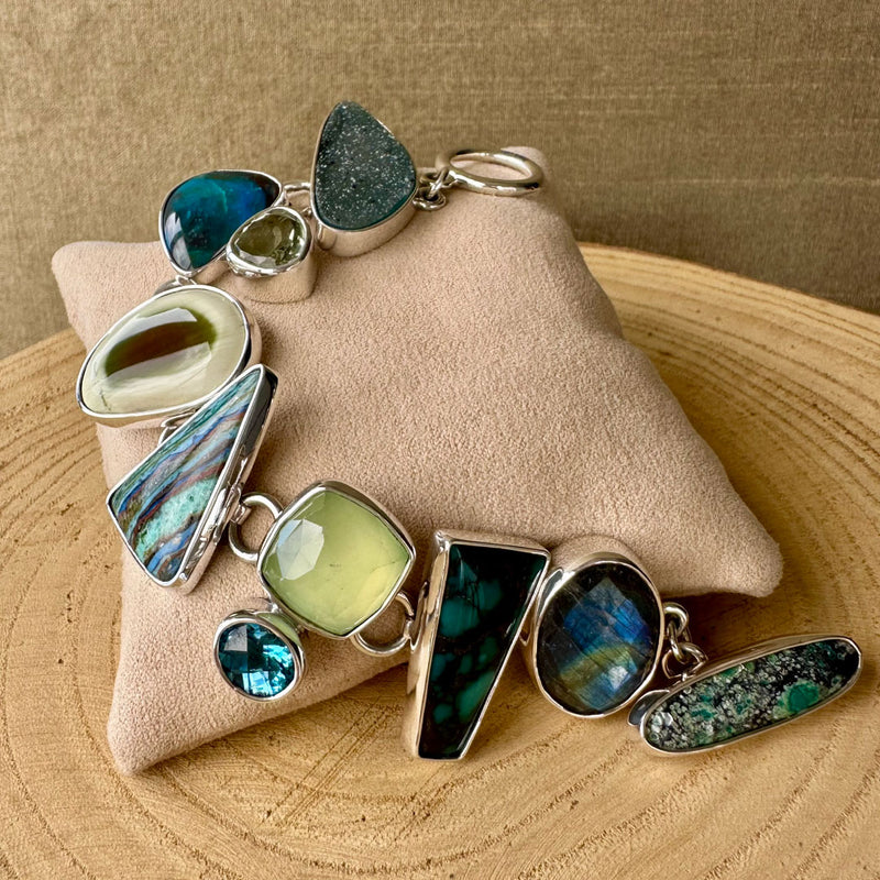 Agot Costa Rican Design Handcrafted Sterling Silver 925 & Brazilian Druzy, Faceted Green Amethyst, Ocean Jasper, Faceted Prehnite, Blue Topaz, Faceted Labradorite with Turquoise Toggle Clasp Semiprecious Stone Bracelet Length 7.5 "