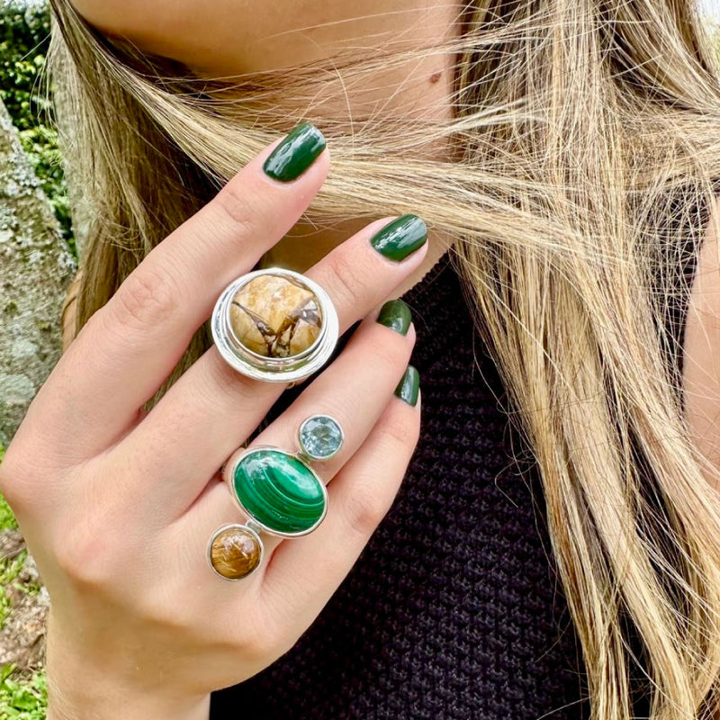 Agot Costa Rican Design Handcrafted Sterling Silver 925 & Malachite / Blue Topaz Semiprecious Stone Ring Size 7