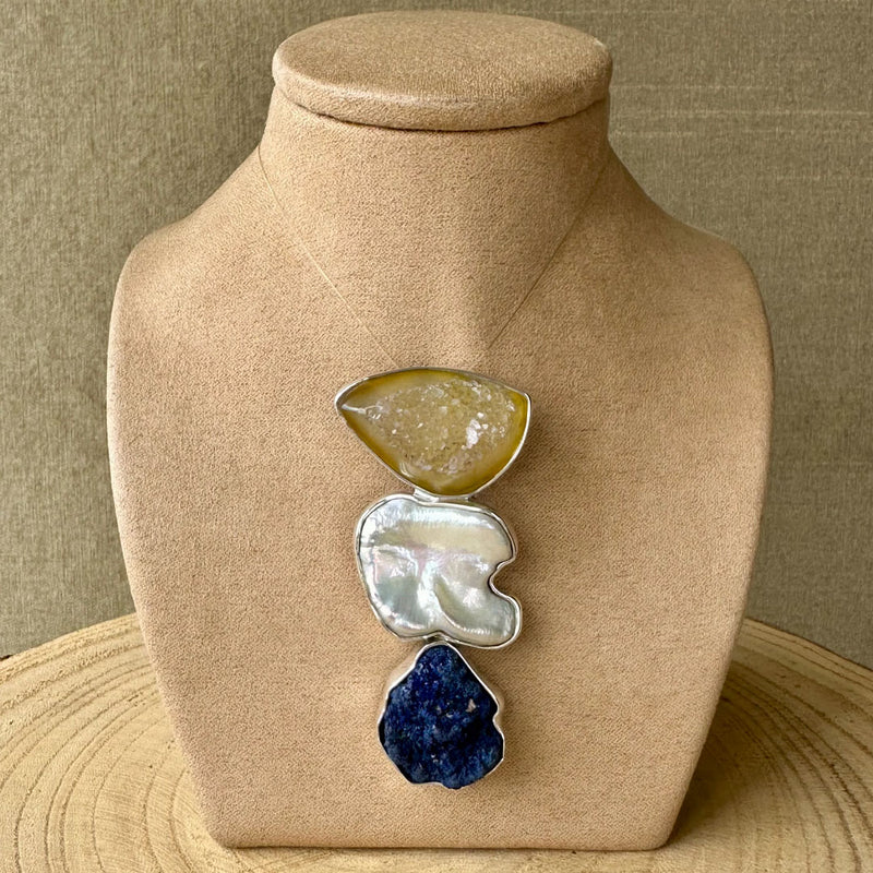 Agot Costa Rican Design Handcrafted Sterling Silver 925 & Yellow Druzy, Baroque Pearl, Raw Azurite Pendant