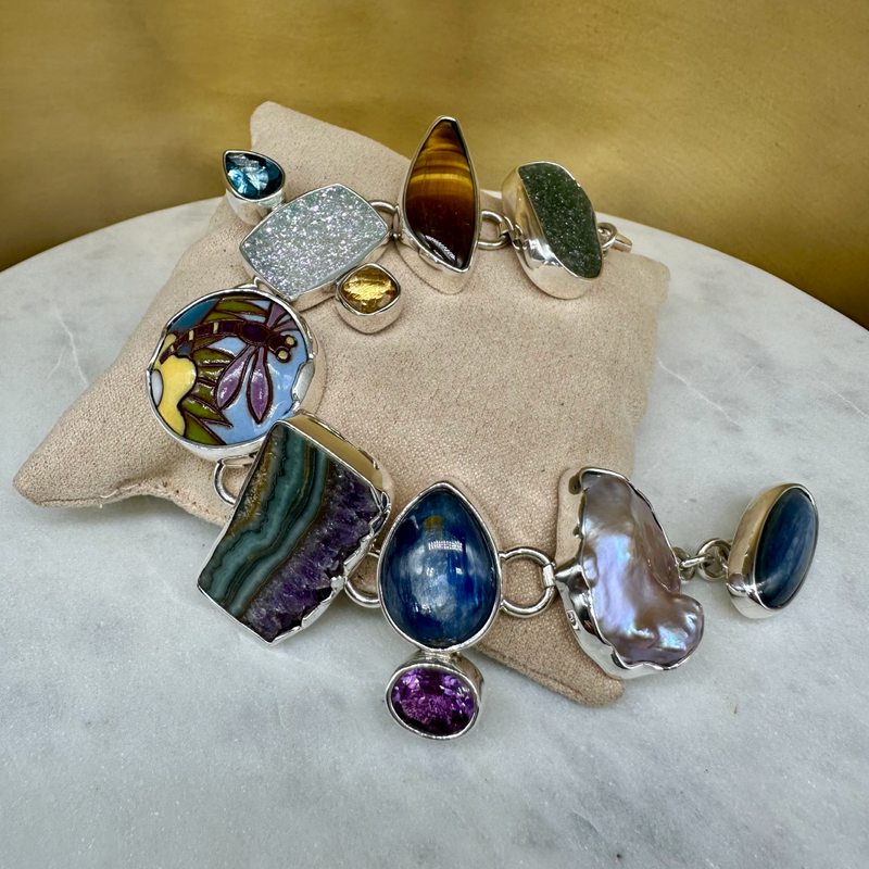Agot Costa Rican Design Handcrafted Sterling Silver 925 & Handpainted "Dragonfly" Ceramic, Kyanite, Baroque Pearl, Amethyst, Blue Topaz, Brazilian Druzys, Tiger Eye - Semiprecious Stone Bracelet Length 8 "