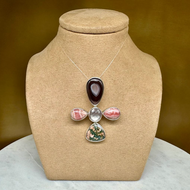 Agot CostaRican Design Handrafted Sterling Silver 925 & Lace Agate, Rhodochrosite, Rose Quartz, Jasper - Semiprecious Multi Stone Flower Cross Pendant