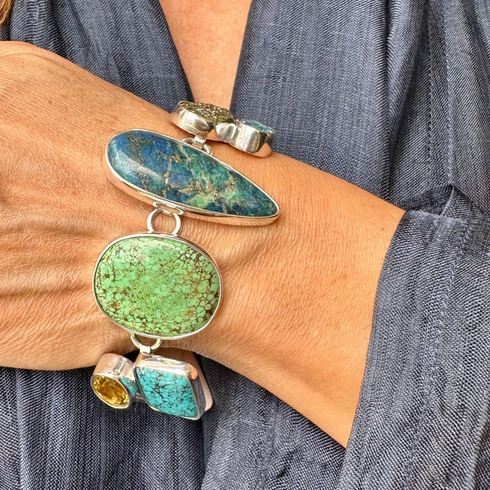 Agot Costa Rican Design Handcrafted Sterling Silver 925 & Brazilian Druzy, Russian Rainbow Pyrite, Blue Topaz, Lapis Lazuli, Turquoise, Citrine with Blue Turquoise Toggle Clasp Semiprecious Stone Bracelet Length 7.5"