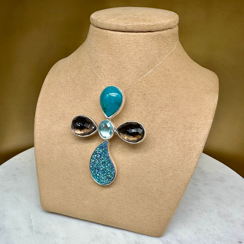 Agot CostaRican Design Handrafted Sterling Silver 925 & Faceted Smoky Quartz, Blue Topaz, Opalized Druzy - Semiprecious Multi Stone Flower Cross Pendant