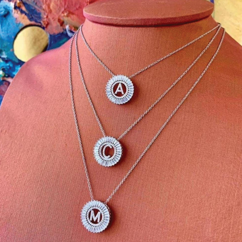 Crystal Baguettes & 925 Sterling Silver Adjustable Initial Chain 16"- 18 inches