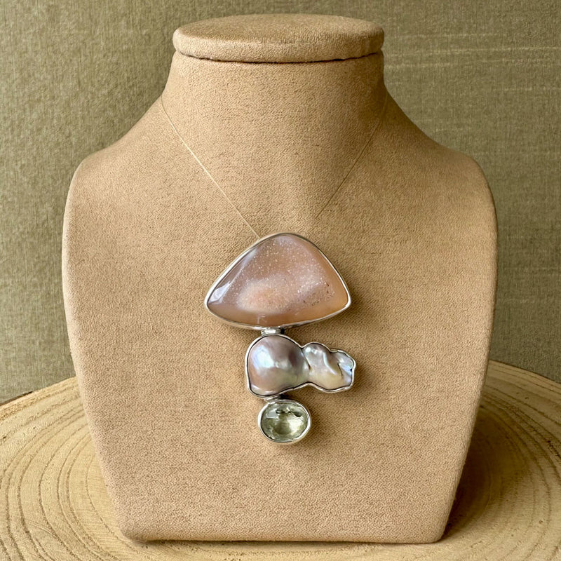 Agot Costa Rican Design Handcrafted Sterling Silver 925 & Light Pink Brazilian Druzy, Freeform Baroque Pearl and Topaz Pendant
