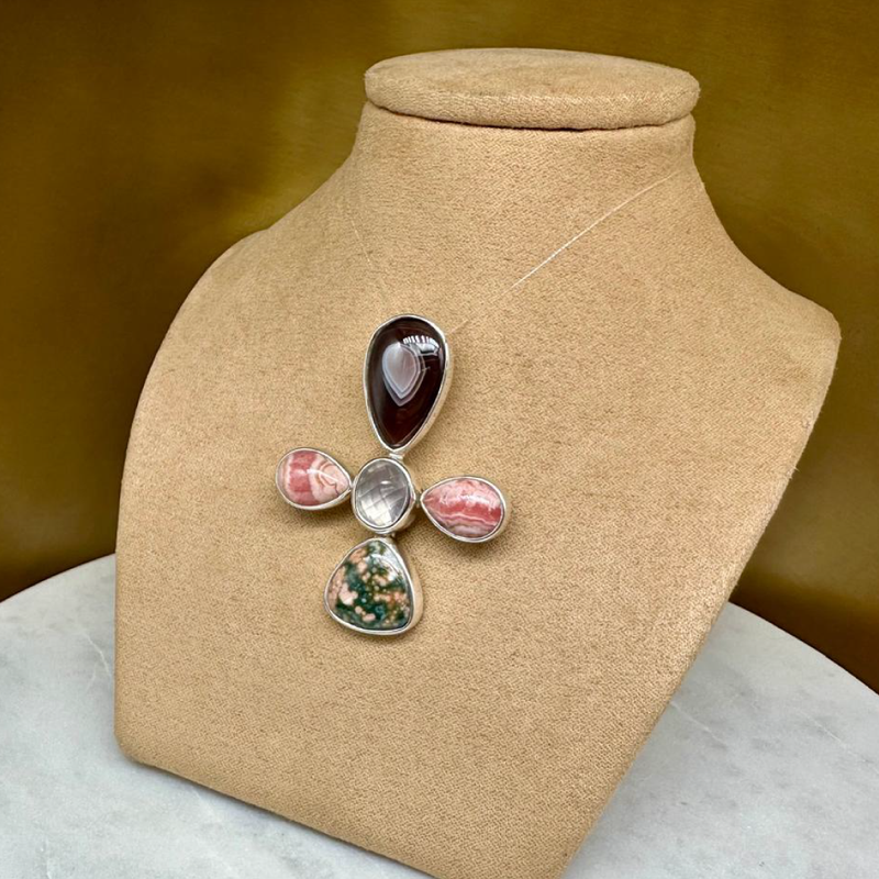 Agot CostaRican Design Handrafted Sterling Silver 925 & Lace Agate, Rhodochrosite, Rose Quartz, Jasper - Semiprecious Multi Stone Flower Cross Pendant