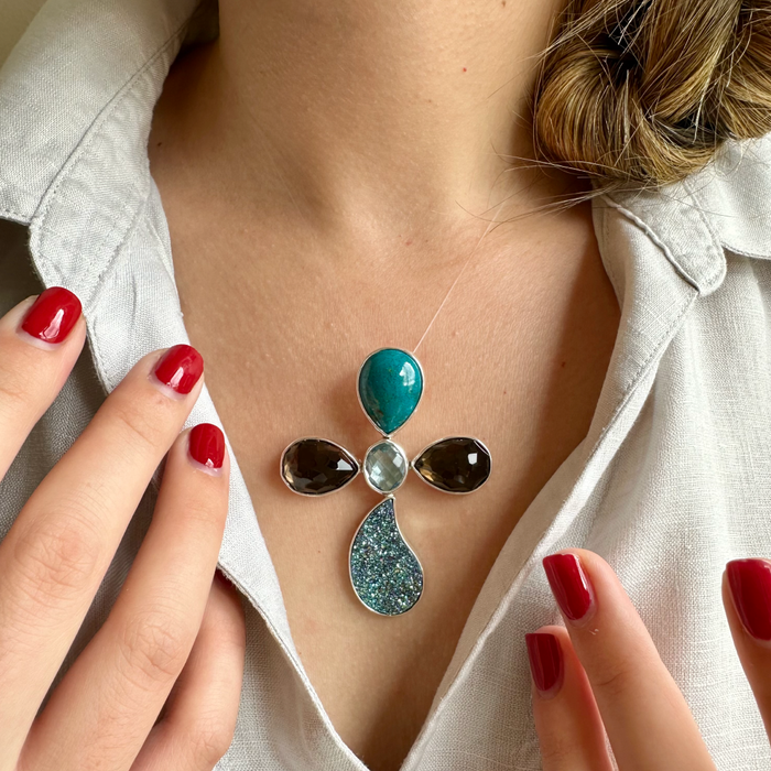 Agot CostaRican Design Handrafted Sterling Silver 925 & Faceted Smoky Quartz, Blue Topaz, Opalized Druzy - Semiprecious Multi Stone Flower Cross Pendant