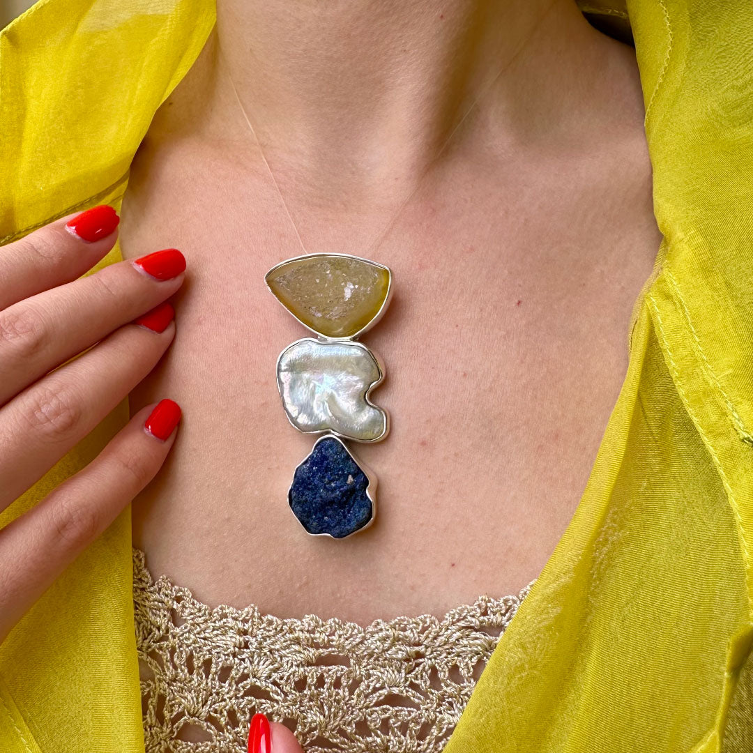 Agot Costa Rican Design Handcrafted Sterling Silver 925 & Yellow Druzy, Baroque Pearl, Raw Azurite Pendant