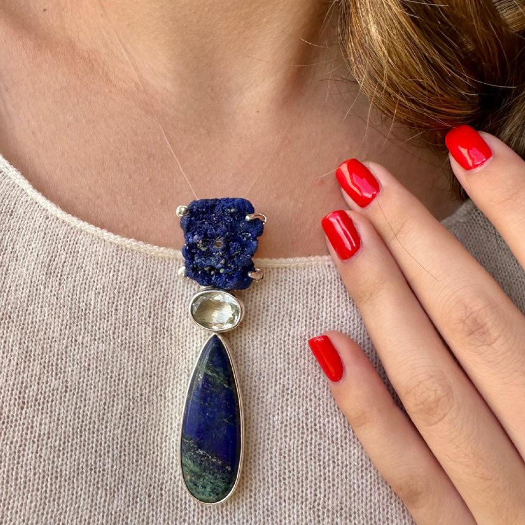 Agot Costa Rican Design Handcrafted Sterling Silver 925 & Raw Azurite, Faceted Green Amethyst & Lapis Lazuli Teardrop  Pendant