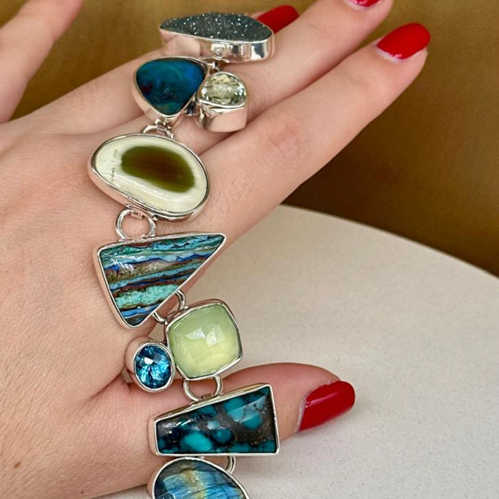 Agot Costa Rican Design Handcrafted Sterling Silver 925 & Brazilian Druzy, Faceted Green Amethyst, Ocean Jasper, Faceted Prehnite, Blue Topaz, Faceted Labradorite with Turquoise Toggle Clasp Semiprecious Stone Bracelet Length 7.5 "