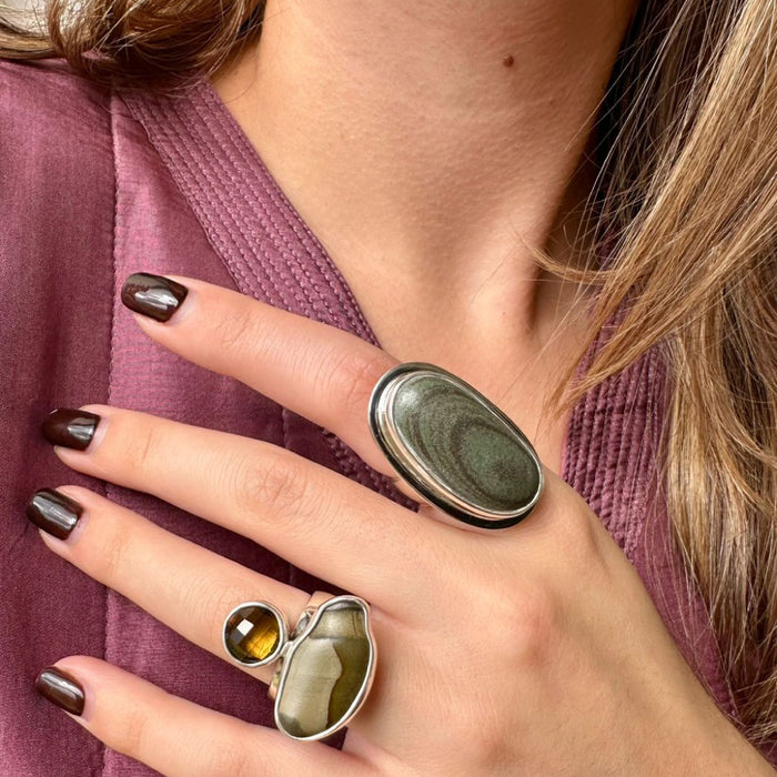 Agot Costa Rican Design Handcrafted Sterling Silver 925 & Dark Green River Rock Ring Size 8