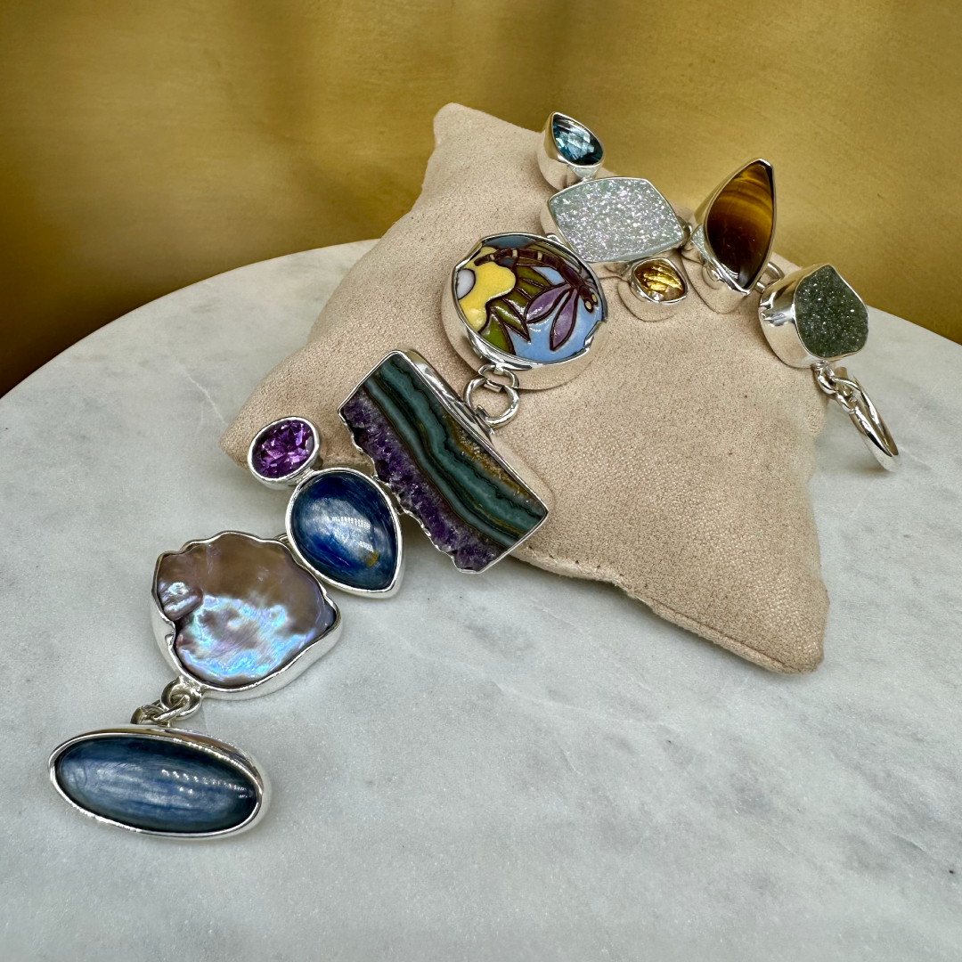 Agot Costa Rican Design Handcrafted Sterling Silver 925 & Handpainted "Dragonfly" Ceramic, Kyanite, Baroque Pearl, Amethyst, Blue Topaz, Brazilian Druzys, Tiger Eye - Semiprecious Stone Bracelet Length 8 "
