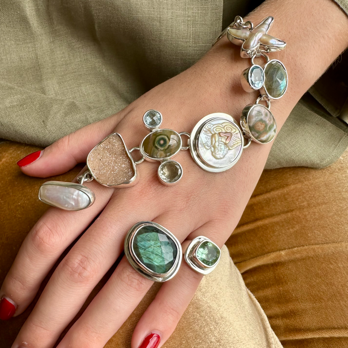 Agot Costa Rican Design Handcrafted Sterling Silver 925 & Handcrafted "Angel" Mother of Pearl, Jasper, Faceted Labradorite, Blue Topaz, Baroque Pearl - Semiprecious Stone Bracelet Length 7.5 "