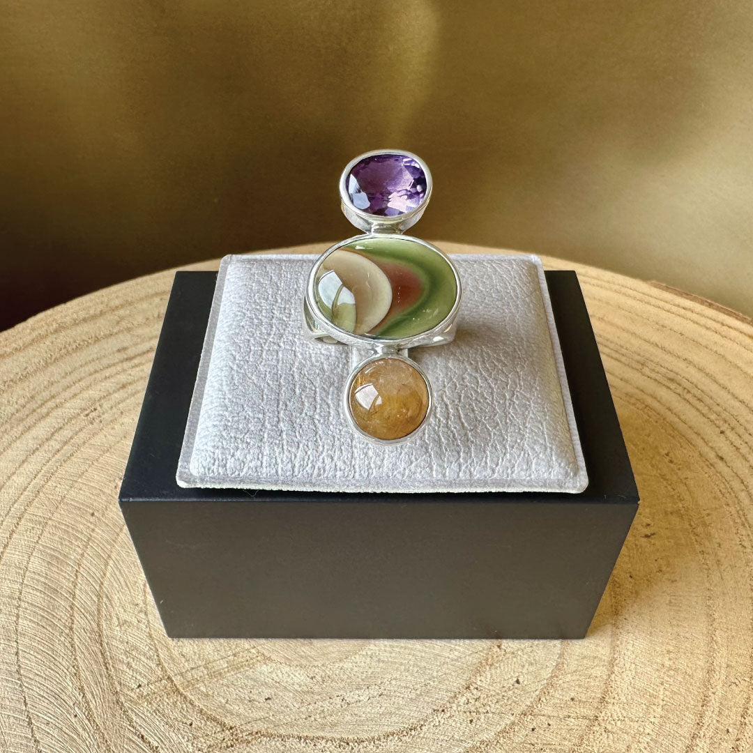 Agot Costa Rican Design Handcrafted Sterling Silver 925 & Triple Semiprecious Stone Ring Size 7