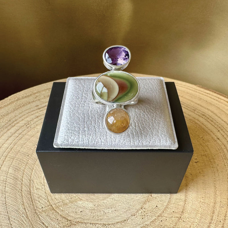Agot Costa Rican Design Handcrafted Sterling Silver 925 & Triple Semiprecious Stone Ring Size 7