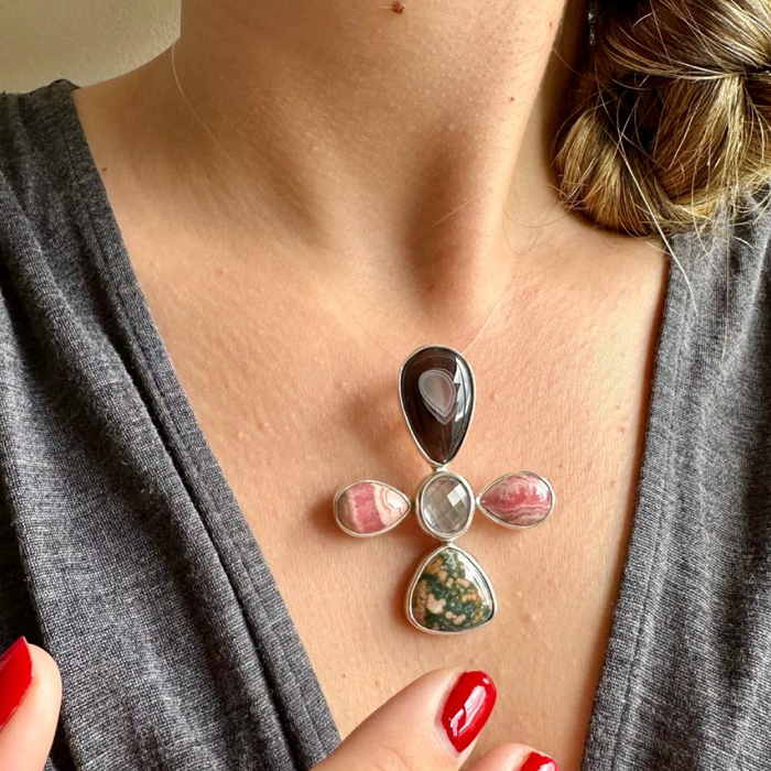 Agot CostaRican Design Handrafted Sterling Silver 925 & Lace Agate, Rhodochrosite, Rose Quartz, Jasper - Semiprecious Multi Stone Flower Cross Pendant