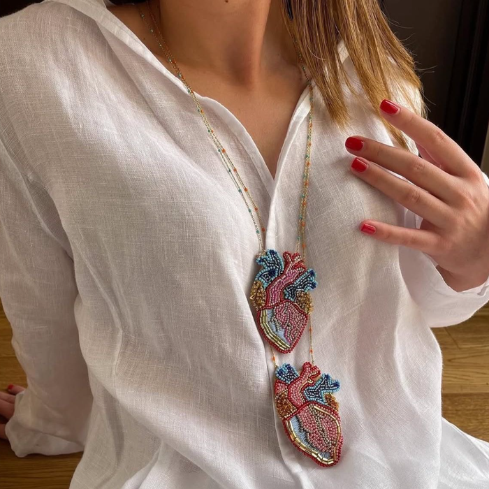 Chica Perica Costa Rican Design Handcrafted Embroidered Anatomical Heart Long Necklace & 27"- inch Labradorite Single- Strand Chain