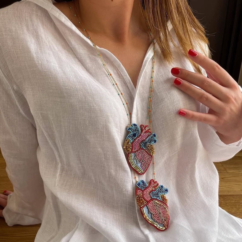 Chica Perica Costa Rican Design Handcrafted Embroidered Anatomical Heart Long Necklace & 27"- inch Labradorite Single- Strand Chain