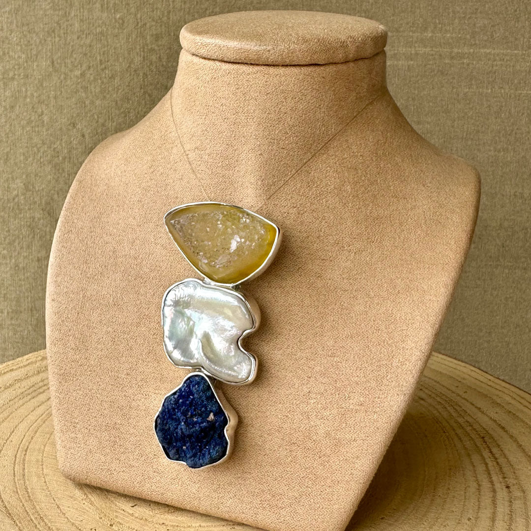 Agot Costa Rican Design Handcrafted Sterling Silver 925 & Yellow Druzy, Baroque Pearl, Raw Azurite Pendant