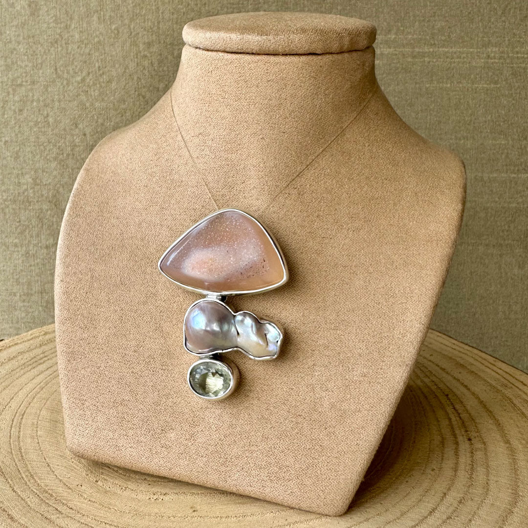 Agot Costa Rican Design Handcrafted Sterling Silver 925 & Light Pink Brazilian Druzy, Freeform Baroque Pearl and Topaz Pendant