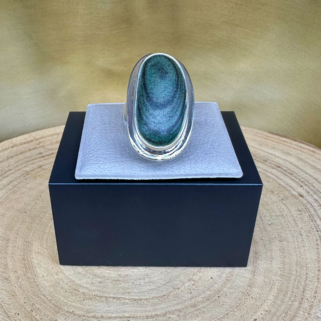 Agot Costa Rican Design Handcrafted Sterling Silver 925 & Dark Green River Rock Ring Size 8