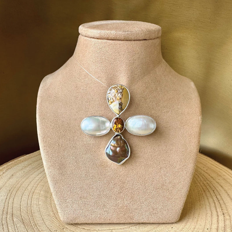 Agot Costa Rican Design Handcrafted Sterling Silver 925 & Semiprecious Multi Stone Flower Cross Pendant