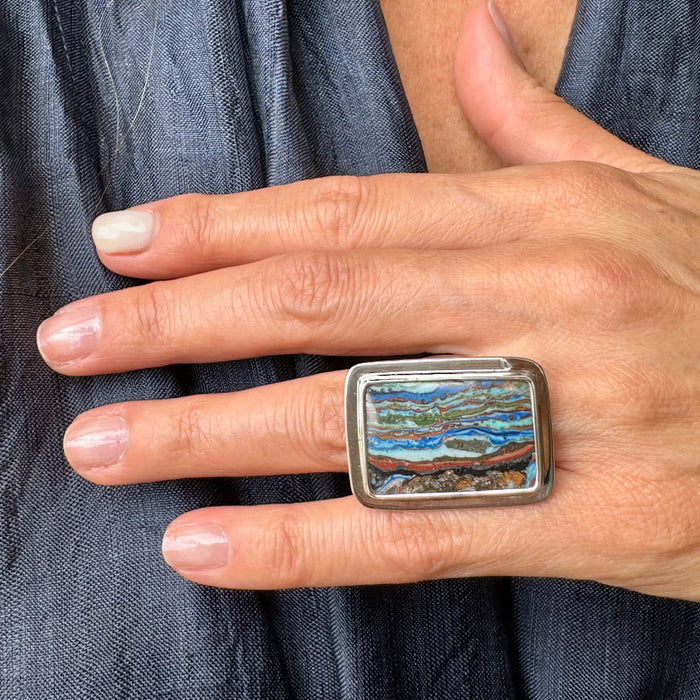 Agot Costa Rican Design Handcrafted Sterling Silver 925 & Rectangular Multicolor Jasper Ring Size 7