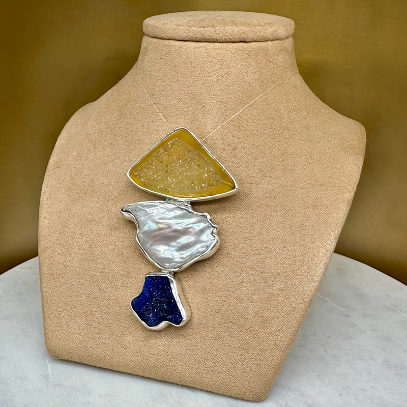 Agot Costa Rican Design Handcrafted Sterling Silver 925 & Yellow Druzy, Baroque Pearl, Raw Azurite Pendant