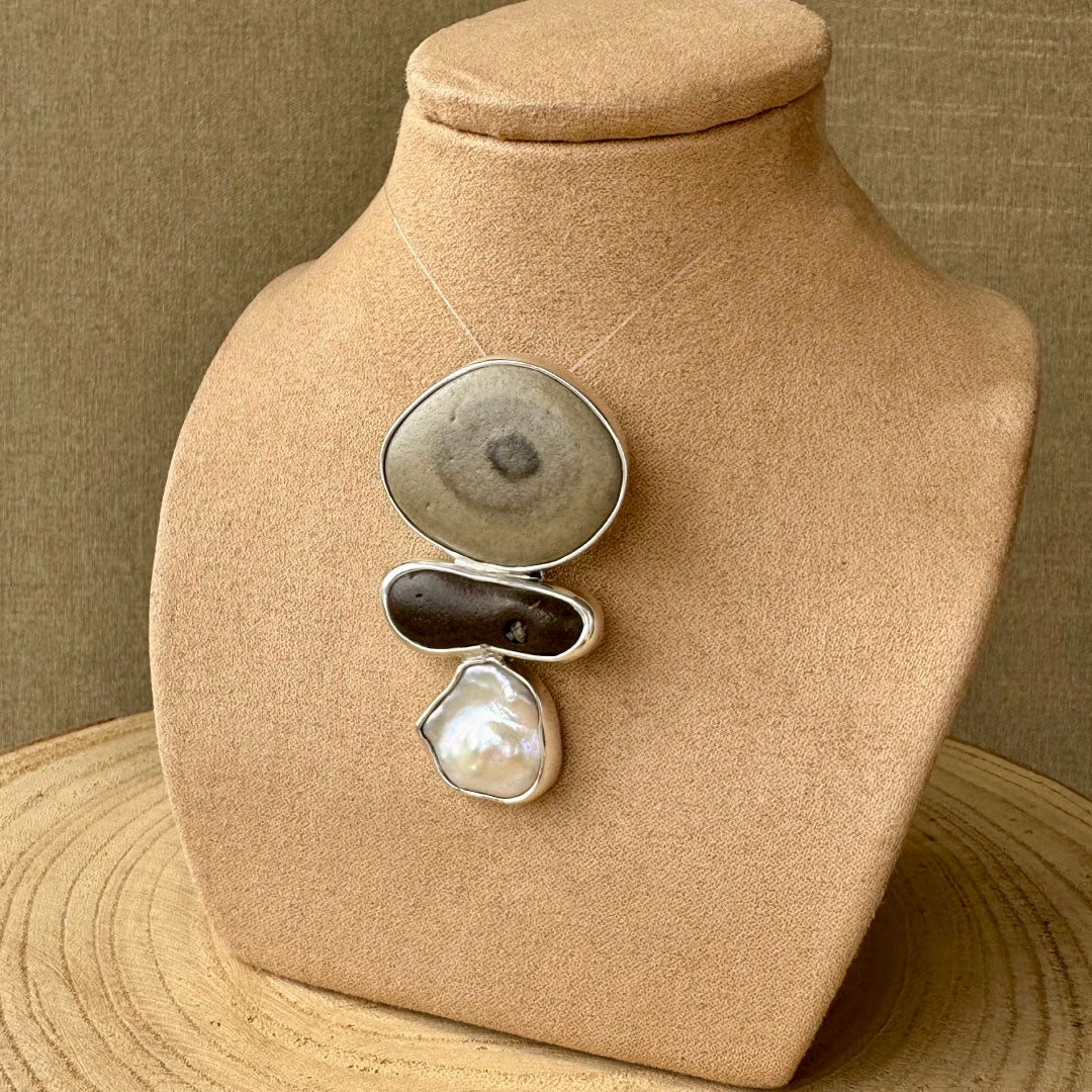 Agot Costa Rican Design Handcrafted Sterling Silver 925 & Brown & Gray River Rock & Baroque Pearl Pendant