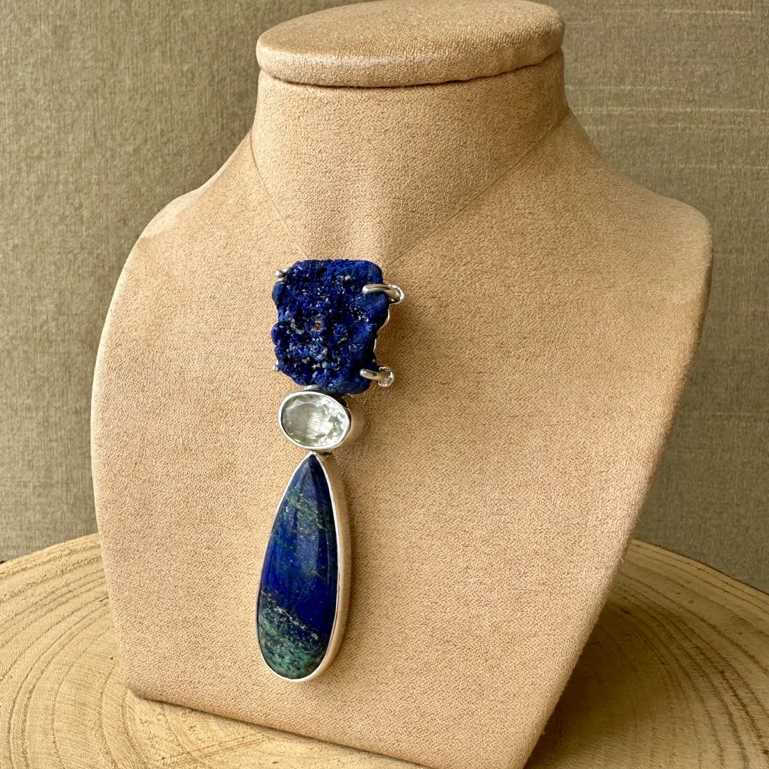 Agot Costa Rican Design Handcrafted Sterling Silver 925 & Raw Azurite, Faceted Green Amethyst & Lapis Lazuli Teardrop  Pendant