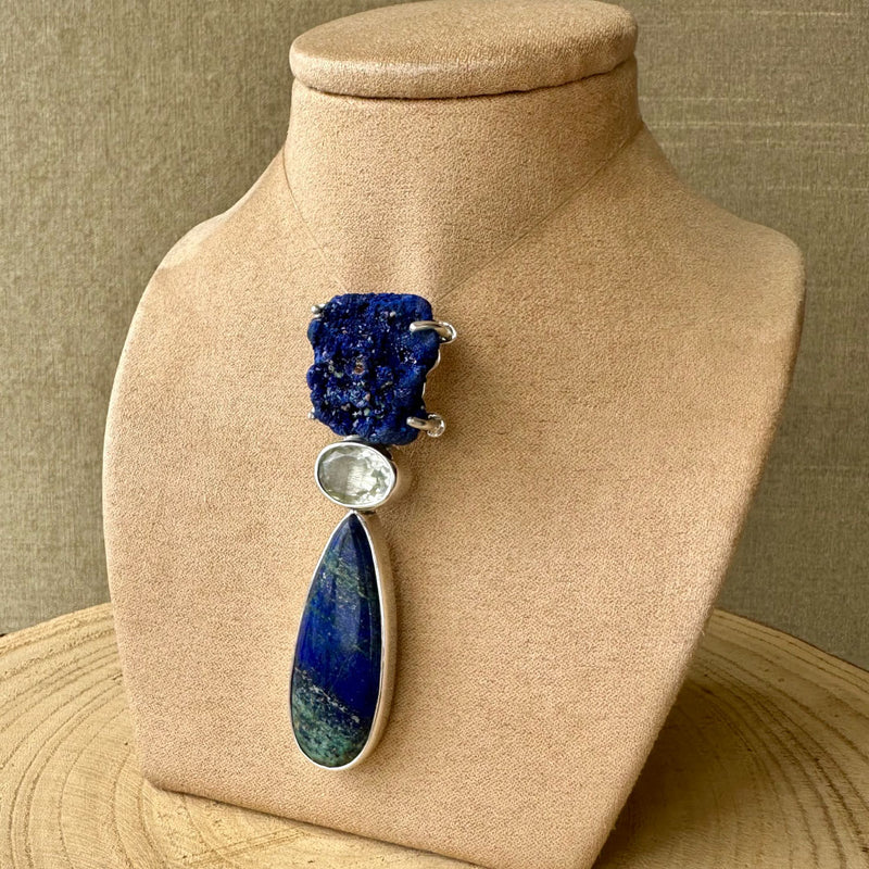 Agot Costa Rican Design Handcrafted Sterling Silver 925 & Raw Azurite, Faceted Green Amethyst & Lapis Lazuli Teardrop  Pendant