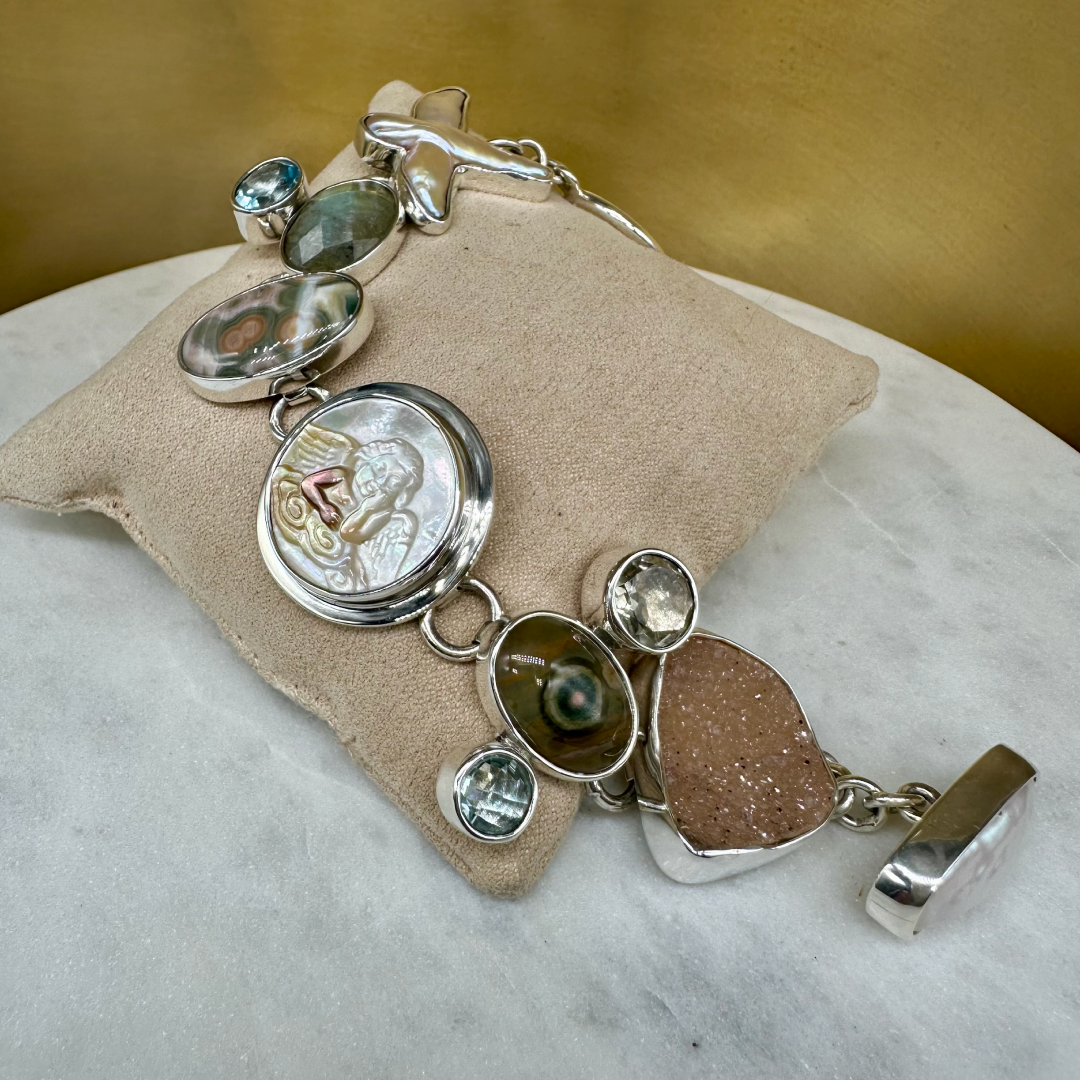 Agot Costa Rican Design Handcrafted Sterling Silver 925 & Handcrafted "Angel" Mother of Pearl, Jasper, Faceted Labradorite, Blue Topaz, Baroque Pearl - Semiprecious Stone Bracelet Length 7.5 "