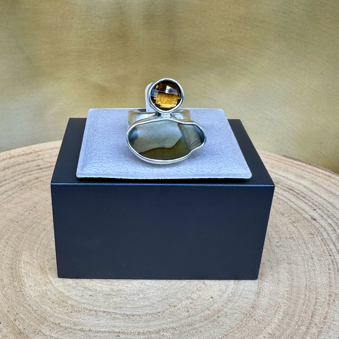 Agot Costa Rican Design Handcrafted Sterling Silver 925 & Brown River Rock & Smoky Quartz Ring Size 7