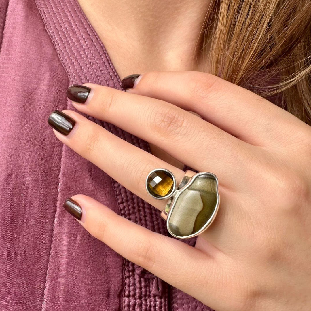 Agot Costa Rican Design Handcrafted Sterling Silver 925 & Brown River Rock & Smoky Quartz Ring Size 7