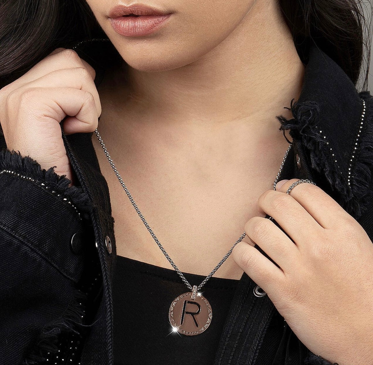 Rebecca Italian Design Bronze & 24k Gold Plated Long 34" Rose Initial Pendant Necklace