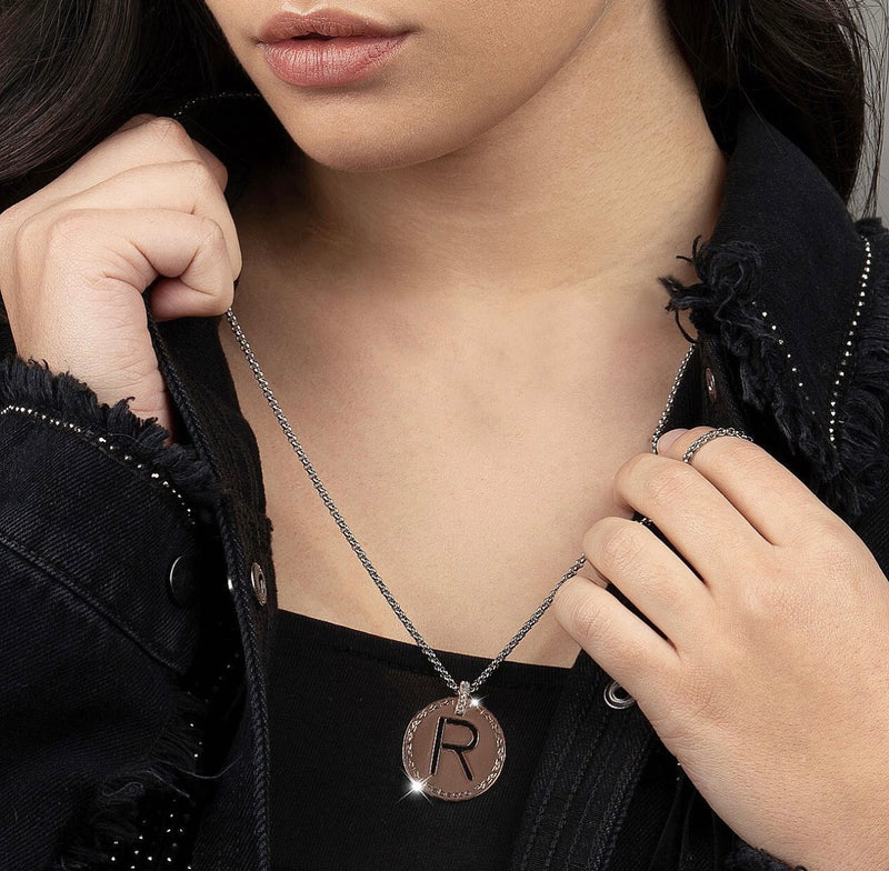 Rebecca Italian Design Bronze & 24k Gold Plated Long 34" Rose Initial Pendant Necklace